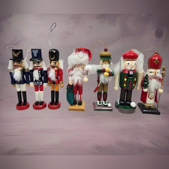 Christmas Nutcracker Tree Ornament 3 Soldier 1 Santa 2 Golfers 1 King Wooden 5in - Picture 1 of 10